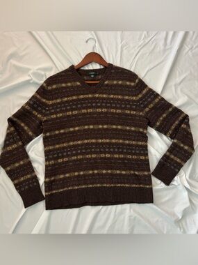 J-Crew Lambs Wool Vintage-Inspired Brown Patterned V-Neck Sweaters